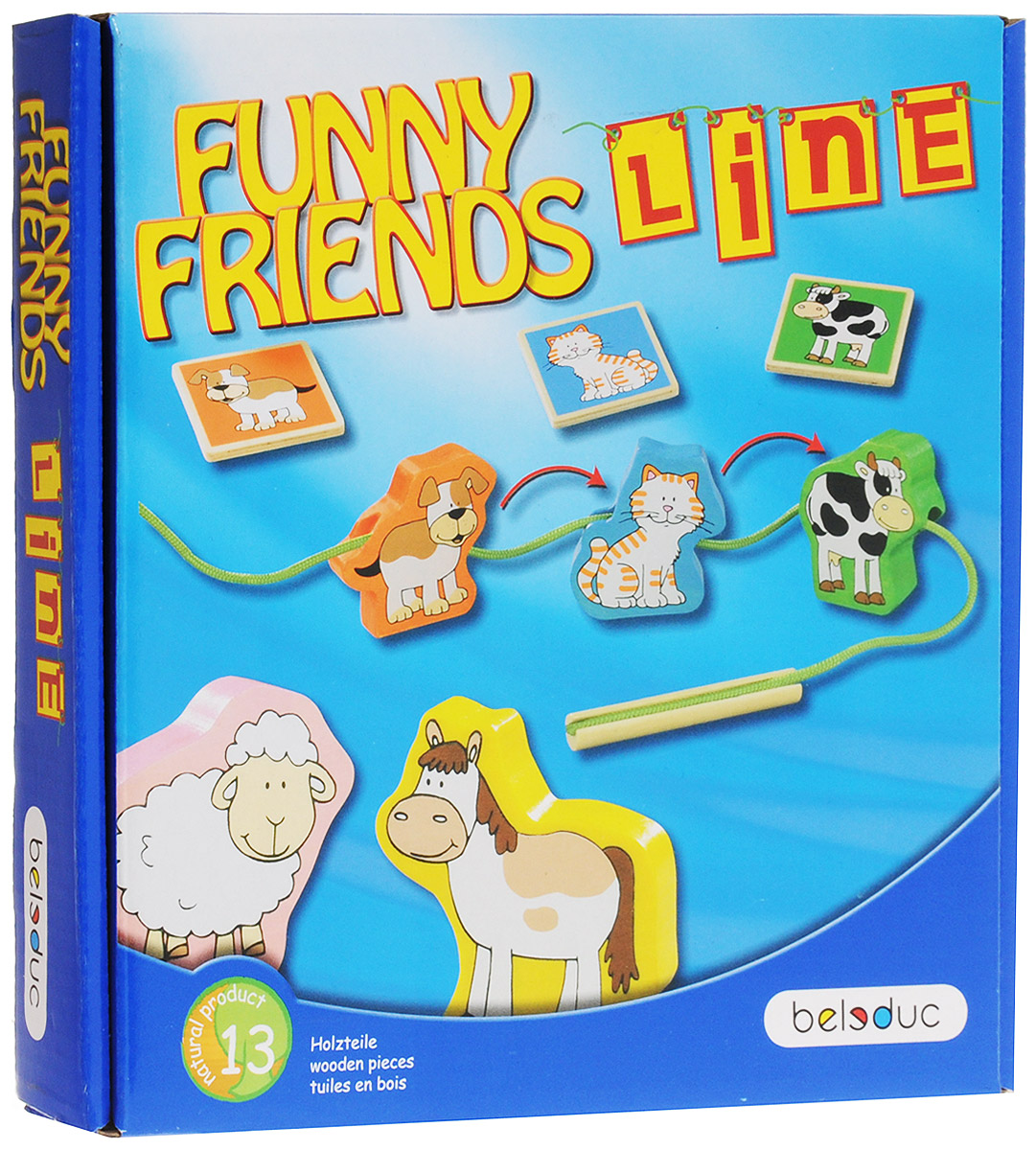 Beleduc Обучающая игра Веселые друзья Line22416 Beleduc Обучающая игра Веселые друзья Line22416Обучающая игра Beleduc Веселые друзья. Line - это чудесная игра, развивающая быстроту реакции, мелкую моторику, а также формирует представление у малышей о существовании правил. Какой ужас! Кто-то забыл закрыть ворота на ферме, и все животные разбежались. Что за беспорядок! Помогите поймать всех беглецов и расположить их правильно. Младшие участники игры нанизывают животных по одному на шнурок, в соответствии с образцами на карточках. После того как животные нанизаны в правильном порядке и размещены на столе, игра заканчивается и все игроки считаются победителями. Если других игроков нет, ребенок может нанизывать животных в одиночку. Для этого он может складывать карточки в ряд и нанизывать животных по образцу или просто нанизывать их, что прекрасно развивает моторику. Средняя продолжительность игры составляет 10 минут.