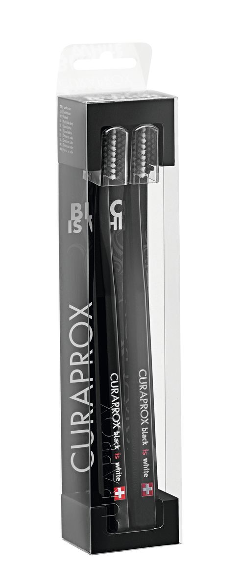 Curaprox Black is White Набор зубных щеток ultrasoft, d 0,10 мм (2 шт.) черная/чернаяCS5460 BIW Curaprox Black is White Набор зубных щеток ultrasoft, d 0,10 мм (2 шт.) черная/чернаяCS5460 BIWНабор зубных щеток Black Is White CS5460 черная/черная. Артикул CS5460 BiW Набор мягких зубных щеток для ежедневной чистки зубов серии “ultra soft” (2 шт.) Щетки предназначены для ежедневного очищения зубов. Каждая щетка содержит 5460 мягких активных щетинок (диаметр 0,10 мм) и обеспечивает качественное и нетравматичное удаление зубного налета. Состав: щетина запатентованное полиэстровое волокно CUREN®. Основа щетки - гигиенически безопасный полипропилен. Инструкция к применению: держите щетку в горизонтальном положении под углом 45О к десне. Круговыми движениями очищайте зубной ряд, вдоль линии десневой борозды, и жевательную поверхность.