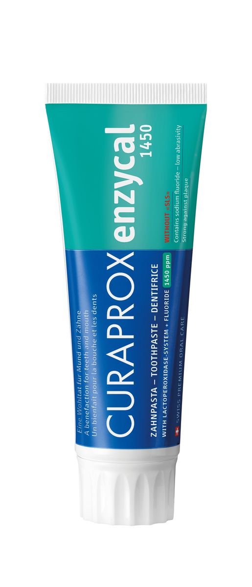 Curaprox Enzycal 1450 Зубная паста, 75 мл, 1450 ppmEnzycal 1450 Curaprox Enzycal 1450 Зубная паста, 75 мл, 1450 ppmEnzycal 1450Лечебно-профилактическая низкоабразивная зубная БИО-паста Enzycal 1450 с ферментами для всей семьи. Сохраняет естественную микрофлору полости рта. Без лаурилсульфата натрия (SLS). Содержит три фермента (амилоглюкозидазу, глюкозооксидазу, лактопероксидазу), усиливающих антибактериальные свойства слюны, задерживают рост бактерий и восстанавливают естественный баланс ротовой полости. Предотвращает раздражение слизистой рта, снижает риск возникновения аллергических реакций, стоматитов, помогает действию хлоргексидина. Снижает образование зубного налета. Противопоказания: не выявлено. Детям рекомендуется использовать пасту начиная с 6 лет. Массовая доля фторида натрия: 1450 ррм. Индекс абразивности RDA: 60. Номинальное количество: 75 мл.
