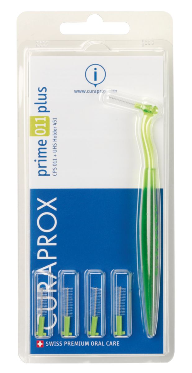 Curaprox CPS 011 Prime PLUS Ершик межзубный 1,1 мм (5 шт), зеленый + UHS 451 зеленый держательCPS011 plus Curaprox CPS 011 Prime PLUS Ершик межзубный 1,1 мм (5 шт), зеленый + UHS 451 зеленый держательCPS011 plusВ набор входят 5 ёршиков для регулярной чистки межзубных промежутков и держатель UHS451. Состав: Сверхтонкие щетинки изготовлены из нейлона. Стержень ершика изготовлен из плетеной проволоки (хирургическая сталь), что обеспечивает его прочность.