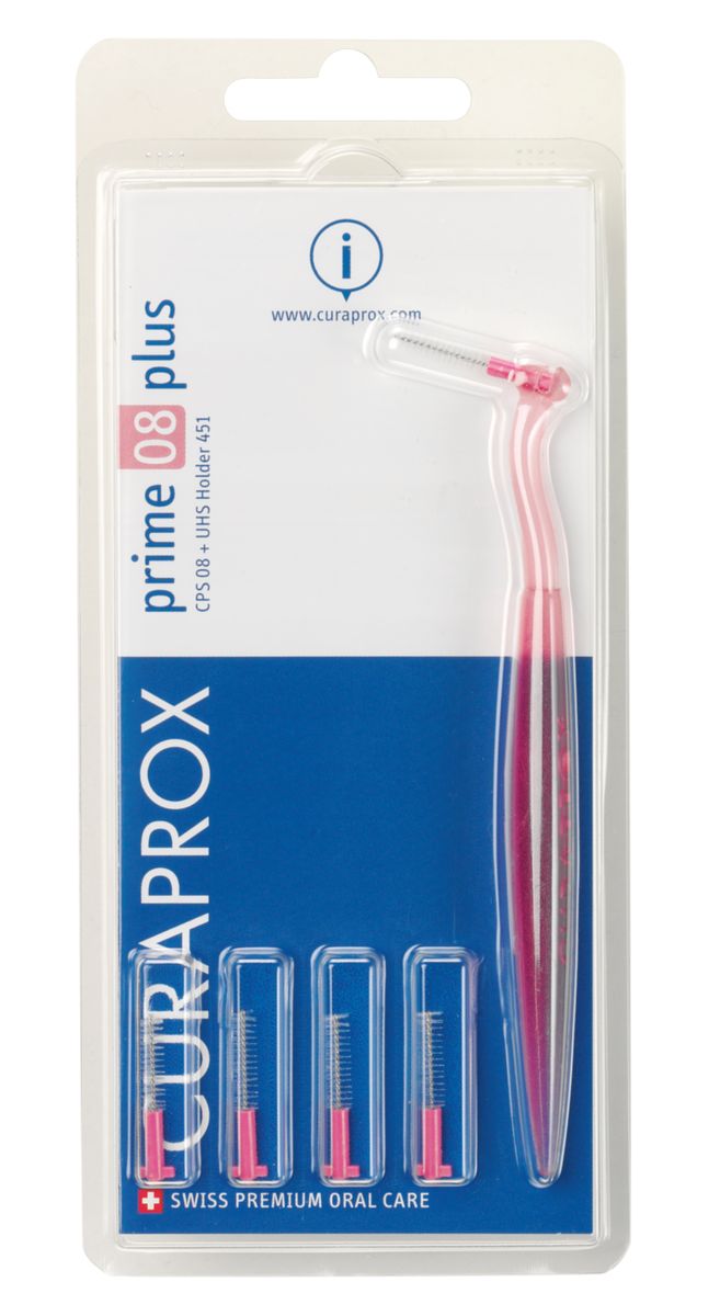 Curaprox CPS 08 Prime PLUS Ершик межзубный 0,8 мм (5 шт), розовый + UHS 451 розовый держательCPS08 plus Curaprox CPS 08 Prime PLUS Ершик межзубный 0,8 мм (5 шт), розовый + UHS 451 розовый держательCPS08 plusВ набор входят 5 ёршиков для регулярной чистки межзубных промежутков и держатель UHS451. Состав: Сверхтонкие щетинки изготовлены из нейлона. Стержень ершика изготовлен из плетеной проволоки (хирургическая сталь), что обеспечивает его прочность.