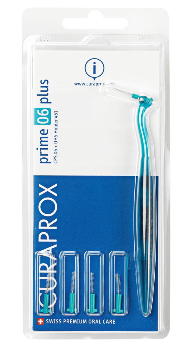 Curaprox CPS 06 Prime PLUS Ершик межзубный 0,6 мм (5 шт), бирюзовый + UHS 451 бирюзовый держательCPS06 plus Curaprox CPS 06 Prime PLUS Ершик межзубный 0,6 мм (5 шт), бирюзовый + UHS 451 бирюзовый держательCPS06 plusВ набор входят 5 ёршиков для регулярной чистки межзубных промежутков и держатель UHS451. Состав: Сверхтонкие щетинки изготовлены из нейлона. Стержень ершика изготовлен из плетеной проволоки (хирургическая сталь), что обеспечивает его прочность.