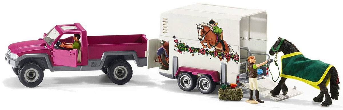 Schleich Игровой набор Пикап с прицепом для лошади42346 Schleich Игровой набор Пикап с прицепом для лошади42346Игровой набор Schleich Пикап с прицепом для лошади станет отличным подарком для любителей и коллекционеров фигурок лошадей от фирмы Schleich. Этот набор разнообразит варианты сюжетно-ролевых игр с фигурками. Теперь с легкостью можно будет отправиться в путешествие или на соревнования со своей любимой лошадкой. Прицеп для лошади очень красивый и удобный. На нем изображены наездница и лошадь, легко преодолевающие препятствия. В прицепе имеется окошко и разделитель, в нем могут поместиться две лошадки одновременно. Крыша прицепа снимается, и во время остановок на отдых лошадка тоже сможет дышать свежим воздухом и наслаждаться солнышком. В прицепе также находится специальный отсек для хранения необходимых принадлежностей и амуниции. Двери пикапа открываются, за рулем сидит водитель. Прицеп можно отсоединить от пикапа. Колеса у пикапа и прицепа имеют свободный ход. Красочный набор выглядит невероятно реалистично, выполнен из качественного каучукового пластика, который безопасен...
