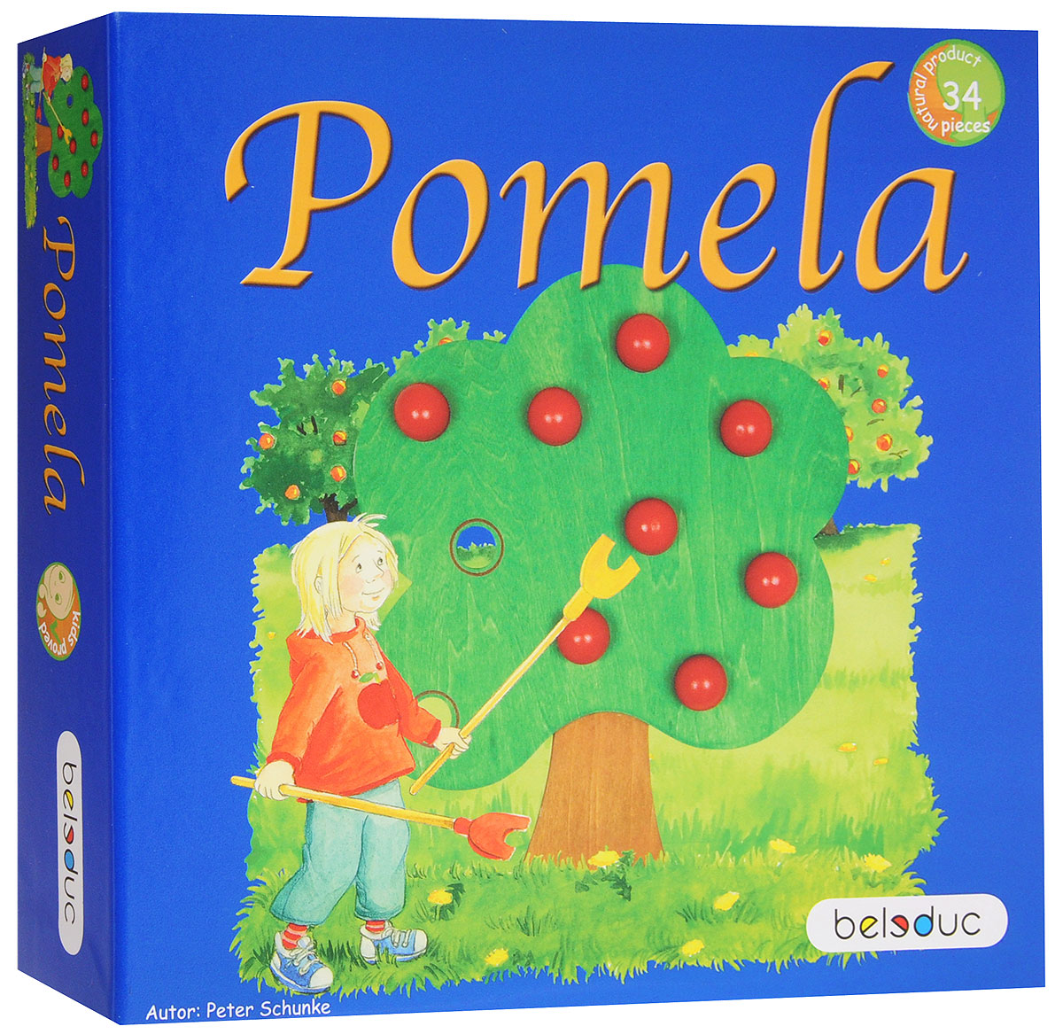 Beleduc Обучающая игра Помела22384 Beleduc Обучающая игра Помела22384Обучающая игра Beleduc Помела - это отличное увлечение для детей в возрасте от 4 лет. Сегодня Ким и Энди должны встать очень рано, ведь они вместе со своим дедушкой пойдут на широкий луг на краю деревни. Там растет множество фруктовых деревьев, и , поскольку яблоки за последние несколько дней приобрели темно-красный переливающийся цвет, они созрели для сбора. Дедушка обещал сварить детям вкуснейшее варенье, если они соберут много яблок. Правила игры состоят в том, что игроки собирают яблочки в корзинку с помощью специальных палочек, далее необходимо собрать как можно больше яблок, пока бегут песочные часы. По истечение времени игрок подсчитывает урожай и получает фишки. Победит тот, у кого в конце игры окажется наибольшее количество фишек. Развивающая игра от Beleduc Помела вызовет восторг у вашего ребенка, но и поможет ему развиваться и тренировать мелкую моторику, зрительно-тактильное восприятие, воображение.