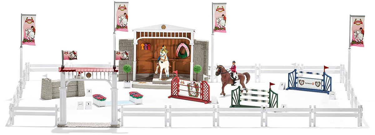 Schleich Игровой набор Турнир с лошадьми и наездниками42338 Schleich Игровой набор Турнир с лошадьми и наездниками42338Восхитительный игровой набор Schleich Турнир с лошадьми и наездниками приведет в восторг всех любителей серии фигурок с лошадьми. Большой турнир с лошадьми начался! Только наездник на самой быстрой лошади, совершивший наименьшее количество ошибок, будет стоять на подиуме победителя. Победитель получит прекрасный кубок, а его лошадь - красивый венок победителя. Турнир всегда является большим испытанием для лошадей и наездников. Преодоление толстой каменной стены требует их полной концентрации. Также сложен для выполнения длинный прыжок через препятствие с водой. Лошадь часто пытается уклониться от сверкающей воды. А прыжки через препятствия из жердей и досок сложны своей высотой. Наездники должны оставаться спокойными и не пасовать перед любыми сложностями. И, конечно же, они должны быть быстрее своих конкурентов. Турнир можно изменять, переставляя и трансформируя препятствия.