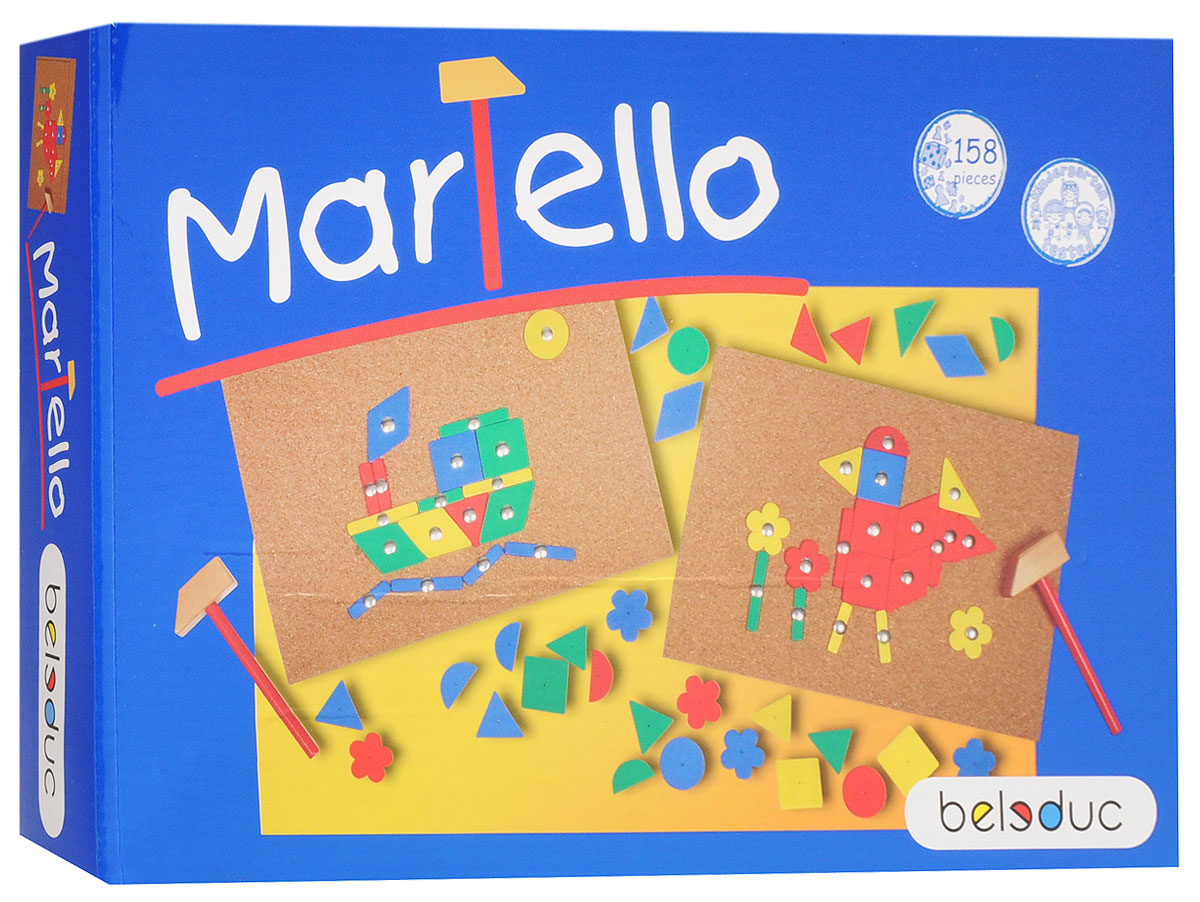 Beleduc Обучающая игра Мартелло22383 Beleduc Обучающая игра Мартелло22383Обучающая игра Beleduc Мартелло - это отличное занятие для детей в возрасте от 4 лет. В данной игре ваш малыш сможет самостоятельно сложить разноцветные фигуры в яркие цветные картинки. Используя деревянный молоточек и гвоздики, ваш ребенок сможет закрепить все детали на пробковой доске. Развивающая игра от Beleduc Мартелло вызовет восторг у вашего ребенка, но и поможет ему развиваться и тренировать мелкую моторику, зрительно-тактильное восприятие, воображение.