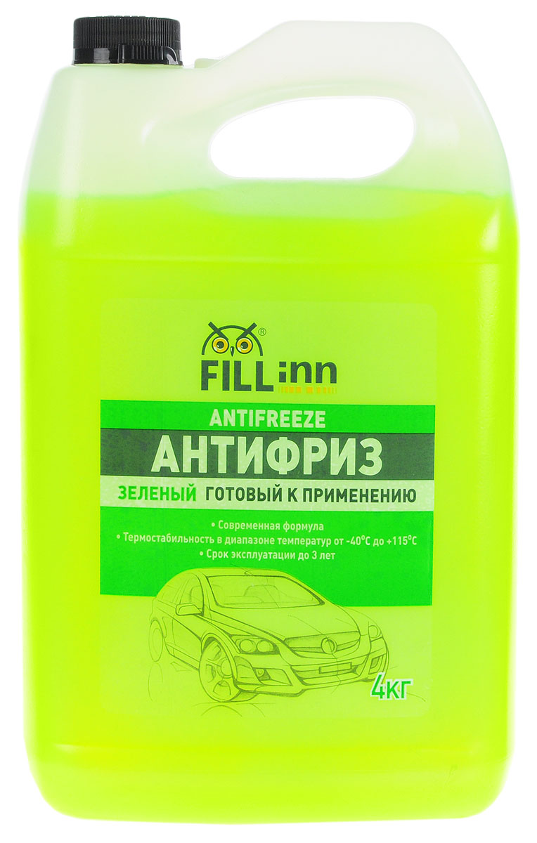 Антифриз Fill Inn, готовый, цвет: зеленый, 4 кгFL036 Антифриз Fill Inn, готовый, цвет: зеленый, 4 кгFL036Охлаждающая низкозамерзающая жидкость нового поколения, произведена на основе высокоочищенного моноэтиленгликоля и современного пакета присадок, которые: - предохраняют двигатель от размораживания и перегрева; - предотвращают коррозию стальных, чугунных, медных, латунных и алюминиевых поверхностей; - не оказывают вредного воздействия на резину, пластмассу и лакокрасочные покрытия; - препятствуют отложению накипи на внутренних поверхностях системы охлаждения, что особенно важно для поддержания оптимального теплового режима, обеспечения нормальной работы термостата и водяного насоса; - обеспечивают надежную смазку подвижных деталей водяного насоса; -препятствуют пенообразованию. Антифриз обладает термостабильностью в диапазоне от -400С до +1150С. Смешивается со всеми охлаждающими жидкостями на основе моноэтиленгликоля (кроме антифриза, изготовленного по карбоксилатной технологии). Антифриз безопасен для стальных,...
