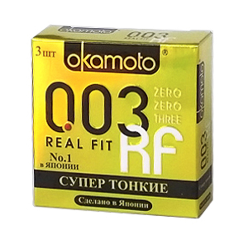 Okamоto Презервативы 0.03 Real Fit, cверх-тонкие, особой облегающей формы полная анатомия, 3 шт67673 Okamоto Презервативы 0.03 Real Fit, cверх-тонкие, особой облегающей формы полная анатомия, 3 шт67673Самые тонкие латексные презервативы в мире особой анатомической формы со смазкой! Толщина стенки презерватива всего 0,03 мм, что в 2 раза тоньше, чем у обычных презервативов. Подарят незабываемые ощущения естественности. Уникальной анатомической формы с силиконовой смазкой.