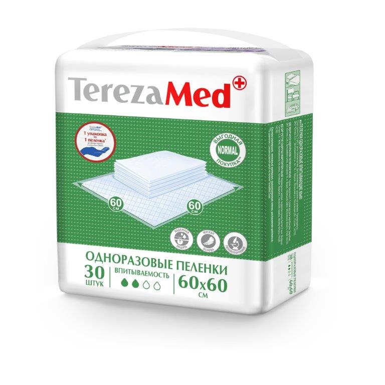 TerezaMed Normal Пеленки одноразовые впитывающие 60 x 60 см 30 шт7643 TerezaMed Normal Пеленки одноразовые впитывающие 60 x 60 см 30 шт7643Одноразовые впитывающие пеленки TerezaMed Normal с оптимальным соотношением цены и качества предназначены для защиты постельного белья при уходе за детьми и взрослыми. Пеленки состоят из трех слоев, обеспечивающих защиту постельного белья. Нижний слой выполнен из полиэтиленовой пленки, предотвращающей протекание жидкости. Средний слой состоит из распущенной целлюлозы, отбеленной без применения хлора и полностью безопасной и антиаллергенной. Мягкий верхний слой из нетканого полотна впитывает жидкость и проводит ее внутрь пеленки. Одноразовые пеленки TerezaMed имеют тиснение в виде ячеек (ромбов). Это позволяет запирать жидкость внутри таких ячеек и придает пеленкам повышенную надежность. Размер пеленки: 60х60см. Количество в упаковке: 30 штук. Впитываемость: 950мл (±5%).