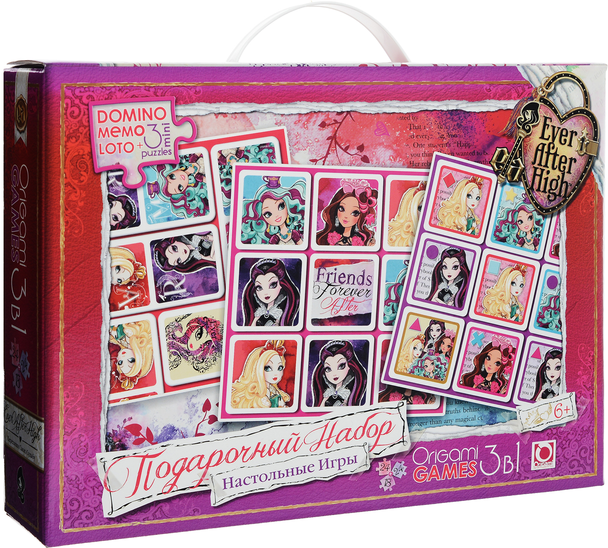 Оригами Обучающая игра Ever After High 3 в 100691_новинка Оригами Обучающая игра Ever After High 3 в 100691_новинкаОбучающая игра Оригами Ever After High 3 в 1 - это набор, состоящий из трех игр. В комплект входят такие игры как домино, лото и мемо. Это настоящие хиты, польза и интерес которых проверены многими поколениями. Печать изображений на деталях игр отличается высоким качеством. С таким большим разнообразием игр из одного набора вашей малышке всегда будет чем заполнить свой досуг. В наборе есть три красочных пазла (18 элементов и 2х24 элемента), которые также оформлены в стиле Ever After High.