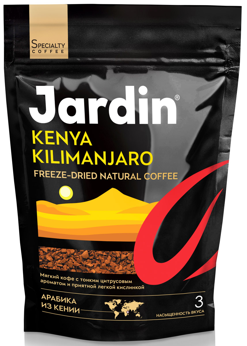 Jardin Kenya Kilimanjaro кофе растворимый, 150 г (м/у)1018-14 Jardin Kenya Kilimanjaro кофе растворимый, 150 г (м/у)1018-14Растворимый кофе Jardin Kenya Kilimanjaro обладает тонким цитрусовым ароматом и сладким ягодным послевкусием. Это один из самых интересных видов Арабики, произрастающей в Кении.