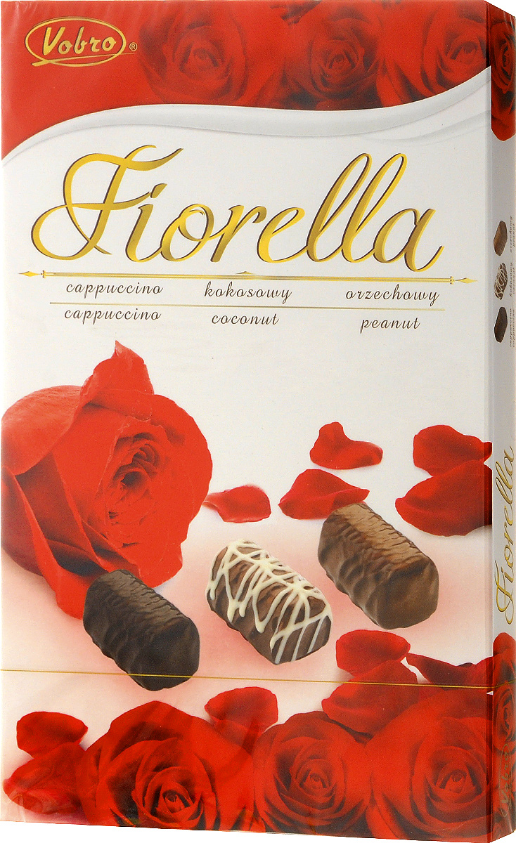 Vobro Fiorella набор шоколадных конфет, 140 г9352_красные розы Vobro Fiorella набор шоколадных конфет, 140 г9352_красные розыVobro Fiorella - набор шоколадных конфет с тремя вкусами. Под деликатным шоколадом скрыт вкус кокоса, ореха и капучино. Конфеты доступны в различных графических упаковках.