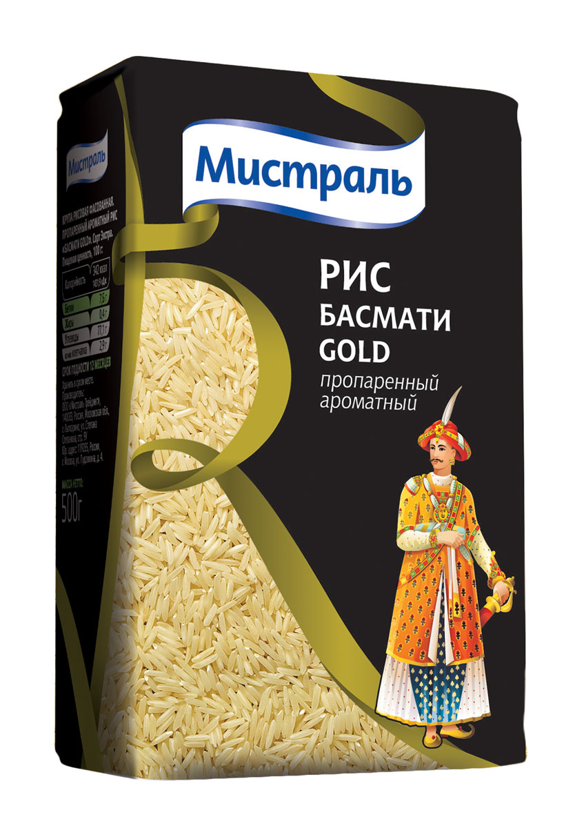 Мистраль Рис Басмати Gold, 500 г15004 Мистраль Рис Басмати Gold, 500 г15004Рис Басмати выращивается у подножий Гималаев. Благодаря длинным тонким зернам, нежному аромату и изысканному вкусу во всем мире Басмати заслуженно считается королем риса. Басмати Gold - удивительно красивый рис. Рассыпчатый и нежный, он хорош как в качестве гарнира, так и для приготовления практически любого блюда восточной и европейской кухни. В результате процедуры пропаривания перед шлифовкой, которая помогает сохранить витамины и полезные вещества, зерна этого риса имеют необычный янтарный цвет. В процессе варки они становятся белоснежными и никогда не слипаются.