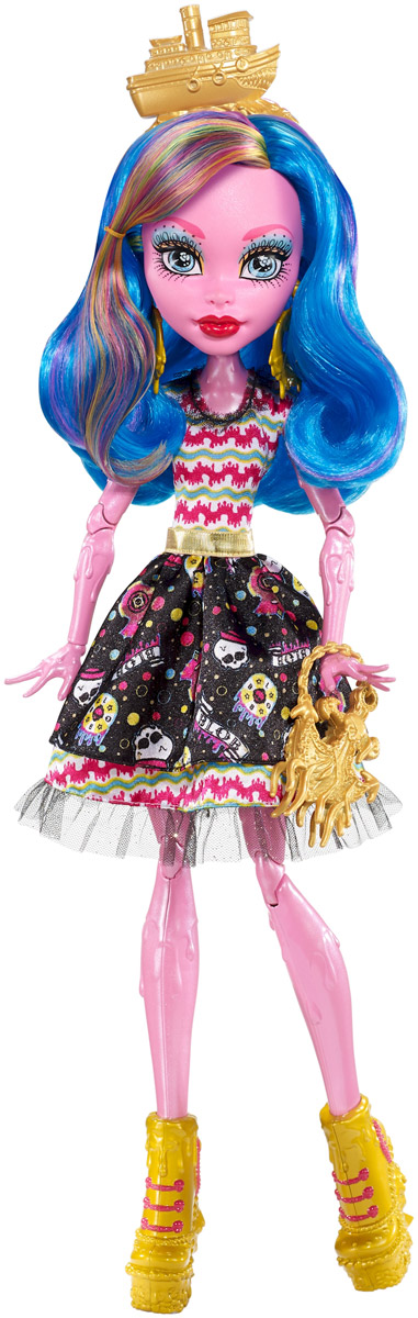 Monster High Кукла Гулиопа ДжеллингтонFBP35 Monster High Кукла Гулиопа ДжеллингтонFBP35С приездом цирка Freak du Chic монстры закатят такую вечеринку, какой еще свет не видывал! Когда-то маленькую Гулиопу Джеллингтон забыли на пороге цирка, и с тех пор она путешествует вместе с ним. Многие считают, что она дочь монстра по имени Blob. Так это или нет - неизвестно! Она одета модно и причудливо: ее экстравагантное платье-колокол украшено принтом красного, желтого и черного цветов. Среди аксессуаров в цирковом стиле - золотистые серьги в виде колес повозки, золотистое украшение на голову и туфли на высокой платформе, каблуки которых - лошади-скелеты, словно сошедшие с монструозной карусели. Длинные волосы куклы синего цвета имеют множество разноцветных прядок. В руках кукла держит сумочку, выполненную в виде якоря. К кукле прилагается подставка.