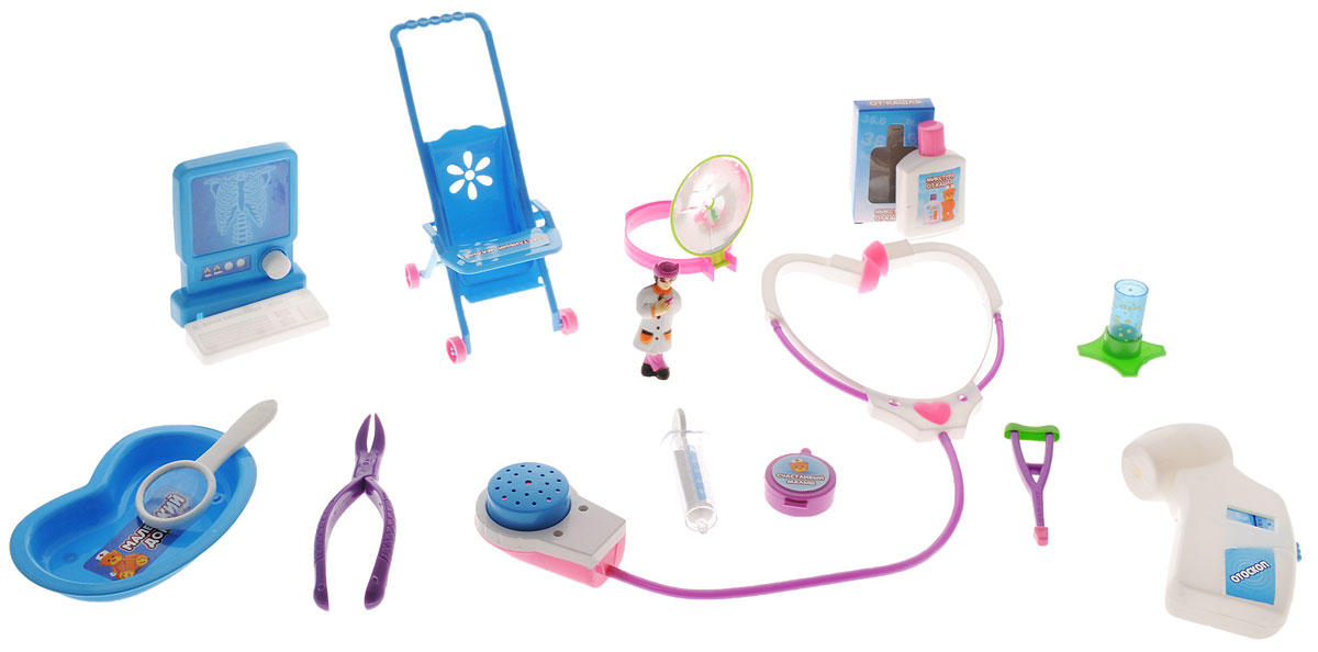 ABtoys Игрушечный набор Маленький докторPT-00116(3286C) ABtoys Игрушечный набор Маленький докторPT-00116(3286C)Игрушечный набор ABtoys Маленький доктор поможет ребятишкам устраивать веселые сюжетно-ролевые игры, в которых они почувствуют себя настоящими врачами. Играя в больницу, выполняя роли докторов, медсестер и пациентов, дети учатся заботиться, ухаживать за больными, узнают простейшие основы медицины, учатся общаться, развивают свой кругозор и словарный запас, обмениваются опытом и знаниями. В набор входят микстура от кашля, рентгеновский аппарат, мазь, шприц, ложка, лупа, костыль, фигурка доктора, пробирка, колпачок, лоток, отоскоп, коляска, стетоскоп, рефлектор, стоматологический зажим.