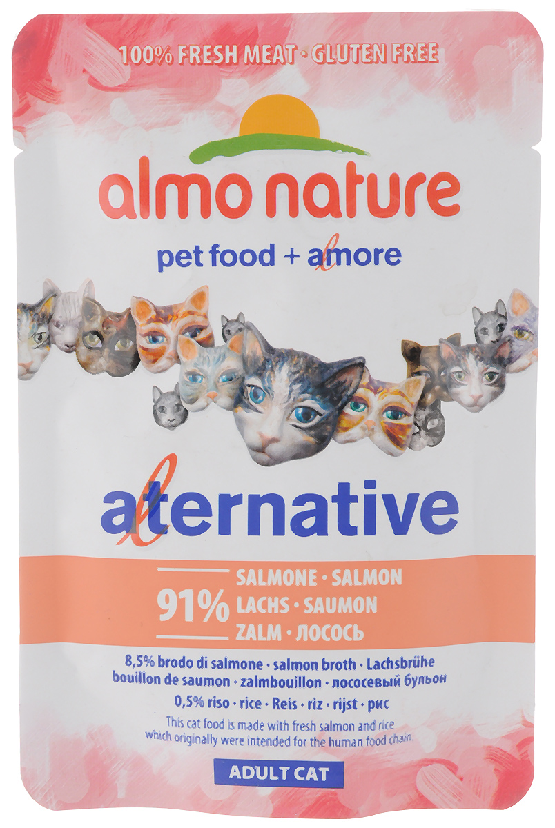Консервы Almo Nature Alternative для кошек, с филе лосося, 55 г20405 Консервы Almo Nature Alternative для кошек, с филе лосося, 55 г20405Консервы Almo Nature Alternative - корм для кошек наиболее приближенный к природе. Уникальность его заключается в том, что мясо лосося не подвергается предварительной обработке, а упаковывается в свежем (сыром) виде и готовится внутри пауча, что позволяет сохранить все питательные вещества, неповторимый вкус и аромат мяса. Товар сертифицирован.