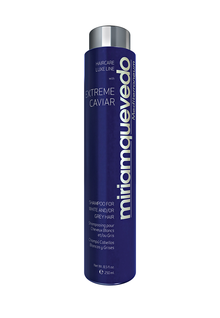 Miriam Quevedo Шампунь для седых волос с экстрактом черной икры (Extreme Caviar Shampoo for White and Grey Hair) 250 млMQ336 Miriam Quevedo Шампунь для седых волос с экстрактом черной икры (Extreme Caviar Shampoo for White and Grey Hair) 250 млMQ336Шампунь идеально подойдет для седых волос. Его действие нейтрализует нежелательный желтый оттенок, взамен придавая восхитительный алмазный перелив. Формула, включающая удачное соединение 10 витаминов, заметно восстановит здоровье кожи головы. Кокосовое и оливковое масла, содержащиеся в средстве, обеспечат регенерацию и сохранение гидро-липидной пленки, обволакивающей структуру волоса. Волосы приобретут естественный блеск и мягкость, сбалансированное увлажнение благодаря экстрактам черной икры.