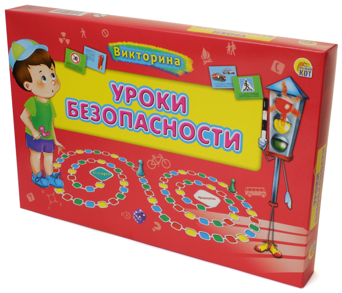 Рыжий Кот Уроки безопасностиИН-9172 Рыжий Кот Уроки безопасностиИН-9172Уроки безопасности - это настольная игра с элементами викторины, которая познакомит самых маленьких с основами безопасности на дороге, дома, в лесу, на воде, во время чрезвычайных ситуаций. Благодаря игровой форме и красочному оформлению первые уроки безопасности не пройдут даром и окажут значительный воспитательный эффект на ребёнка. Уважаемые родители! Без вашей помощи в игре-викторине «Уроки безопасности» не обойтись. Не умеющие читать дети должны играть в эту игру вместе с вами, но и читающим деткам ваша поддержка обязательно пригодится. Если у ребёнка возникают сложности с пониманием ответа на тот или иной вопрос, объясните ему, почему должно быть так, а не иначе. В игре могут принимать участие от 2 до 4 игроков в возрасте от 6 лет. Материал: картон, пластик Состав набора: 1 игровое поле с карточками 42*57 см, 4 фишки, 1 кубик, инструкция.