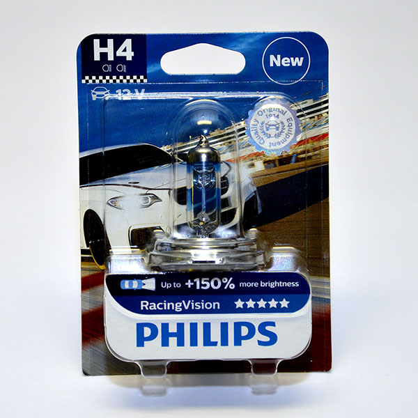 Лампа автомобильная галогенная Philips RacingVision +150, цоколь H4, 60 Вт12342RVB1 Лампа автомобильная галогенная Philips RacingVision +150, цоколь H4, 60 Вт12342RVB1Галогеновая лампа RacingVision, самая яркая лампа, разрешенная для использования на дорогах ? Повышение яркости света до 150%* ? Позволяет видеть дальше и реагировать быстрее ? Оптимизированы для зимнего освещения Управляя машиной на большой скорости на плохо освещенных проселочных дорогах, вы вынуждены полагаться на производительность фар. Если перед вами неожиданно появляется препятствие, главное — время реакции. Даже доля секунды может серьезно повлиять на вашу безопасность. Превосходные характеристики луча ламп Philips RacingVision позволяют быстрее определять опасную ситуацию и не терять управление автомобилем — независимо от дорожных условий.