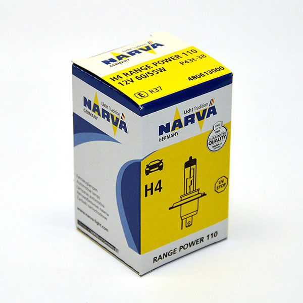 Лампа автомобильная галогенная Narva RangePower +110, цоколь H4, 60 Вт480613000 Лампа автомобильная галогенная Narva RangePower +110, цоколь H4, 60 Вт480613000Новые лампы Narva Range Power 110 улучшенная видимость до 110%. Благодаря мощному световому лучу водители смогут видеть дальше. За счет особой конструкции горелки мощность светового потока возрастает, что повышает безопасность и эффективность лампы.