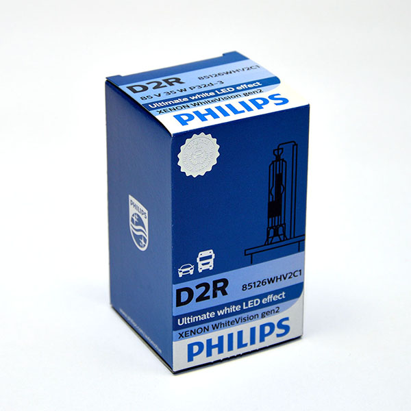 Лампа автомобильная ксеноновая Philips WhiteVision gen2, цоколь D2R, 85 Вт85126 WHV2C1 Лампа автомобильная ксеноновая Philips WhiteVision gen2, цоколь D2R, 85 Вт85126 WHV2C1? Мощный равномерный яркий белый свет ? Идеально сочетается со светодиодным освещением вашей машины ? Белый свет до 5000K на дороге ? Улучшение видимости на 120%* ? Лампа, разрешенная для использования на дорогах общего пользования С лампами Philips Xenon WhiteVision gen2 машина становится более заметной, а освещение дороги более ярким и равномерным. Xenon WhiteVision gen2 — идеальный выбор, если вы хотите сочетать ксенон со светодиодным освещением автомобиля.