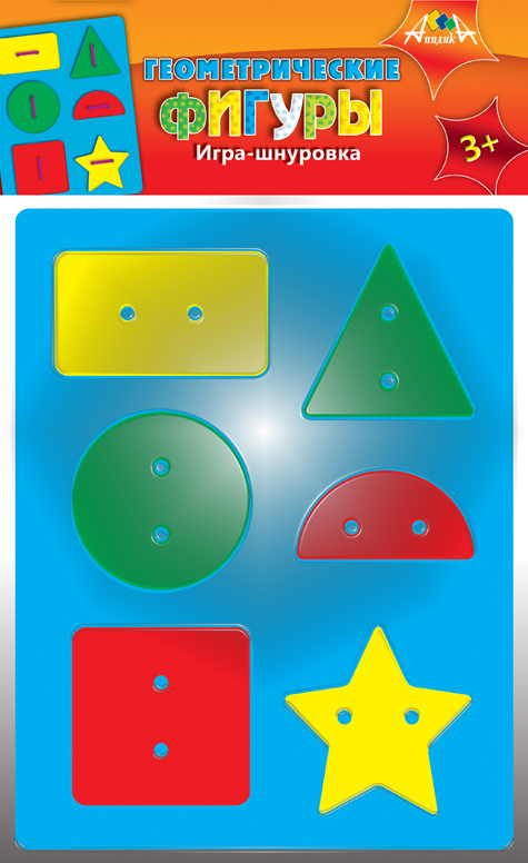 АппликА Игра-шнуровка Геометрические фигуры С2568-01С2568-01 АппликА Игра-шнуровка Геометрические фигуры С2568-01С2568-01Развивающая игра для детей. Предназначена для развития мелкой моторики. Состав набора - вырубленная основа и 6 элементов из мягкого пластика, цветные шнурки.