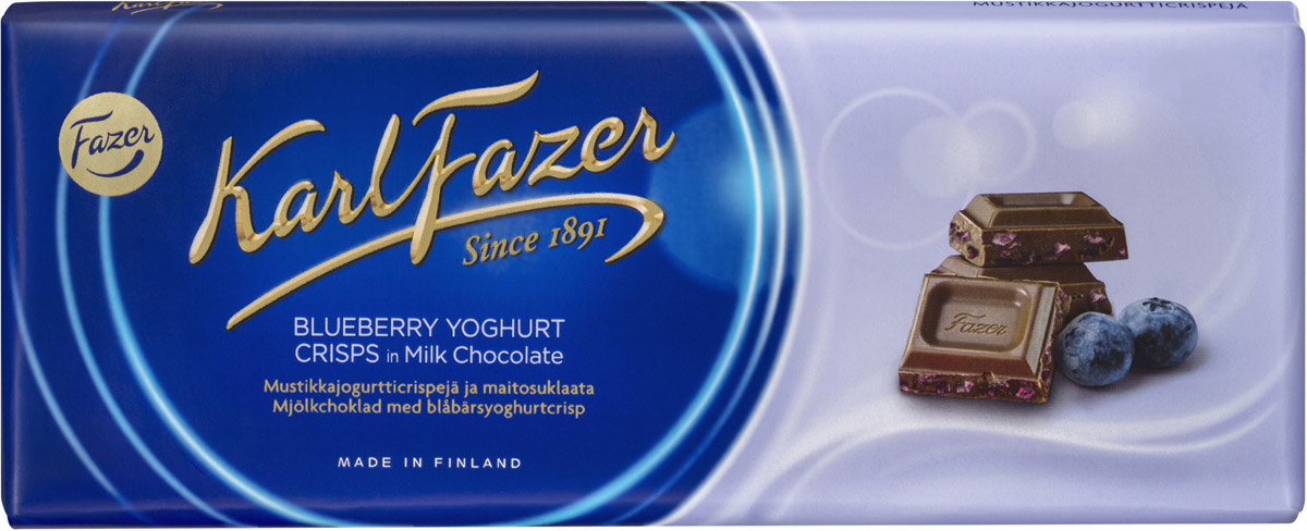 Karl Fazer Молочный шоколад с криспами черничного йогурта, 190 г5840 Karl Fazer Молочный шоколад с криспами черничного йогурта, 190 г5840Молочный шоколад Karl Fazer с криспами черничного йогурта до сих пор остается одним из самых востребованных и популярных среди всех продуктов линейки. Нежный шоколад с добавлением молока - лакомство для гурманов. Яркий свежий оттенок лета шоколаду придает черничный йогурт, так любимый многими детьми. Уважаемые клиенты! Обращаем ваше внимание, что полный перечень состава продукта представлен на дополнительном изображении.