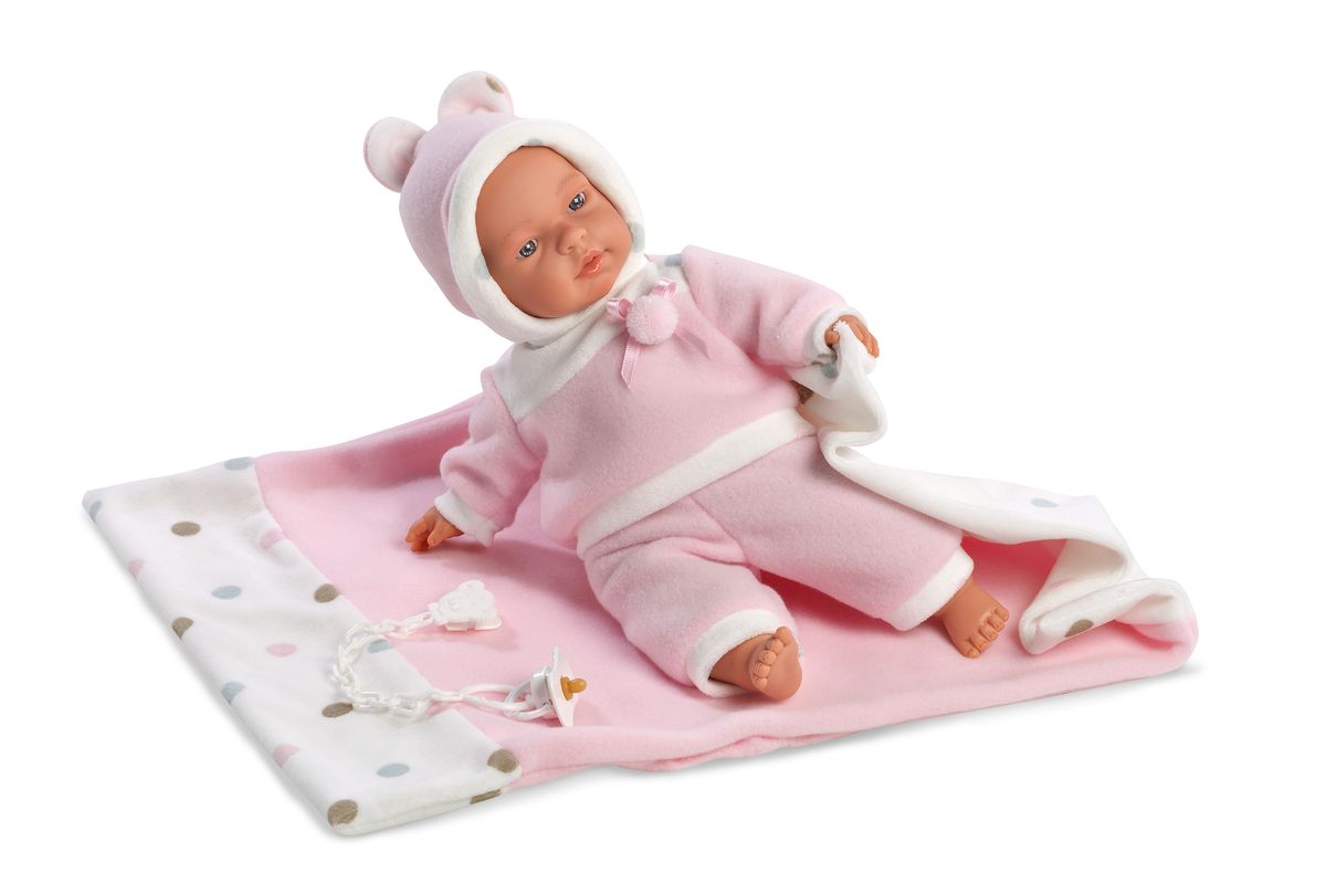 Llorens Кукла Люсия с одеялом 33 смL 33403 Llorens Кукла Люсия с одеялом 33 смL 33403Кукла из ПВХ, умеет плакать и говорить мама, папа. Кукла одета в розовую кофточку, штанишки, шапочку. В комплекте имеется одеяльце и пустышка. Глазки у куклы не закрываются. Упакована в подарочную упаковку.