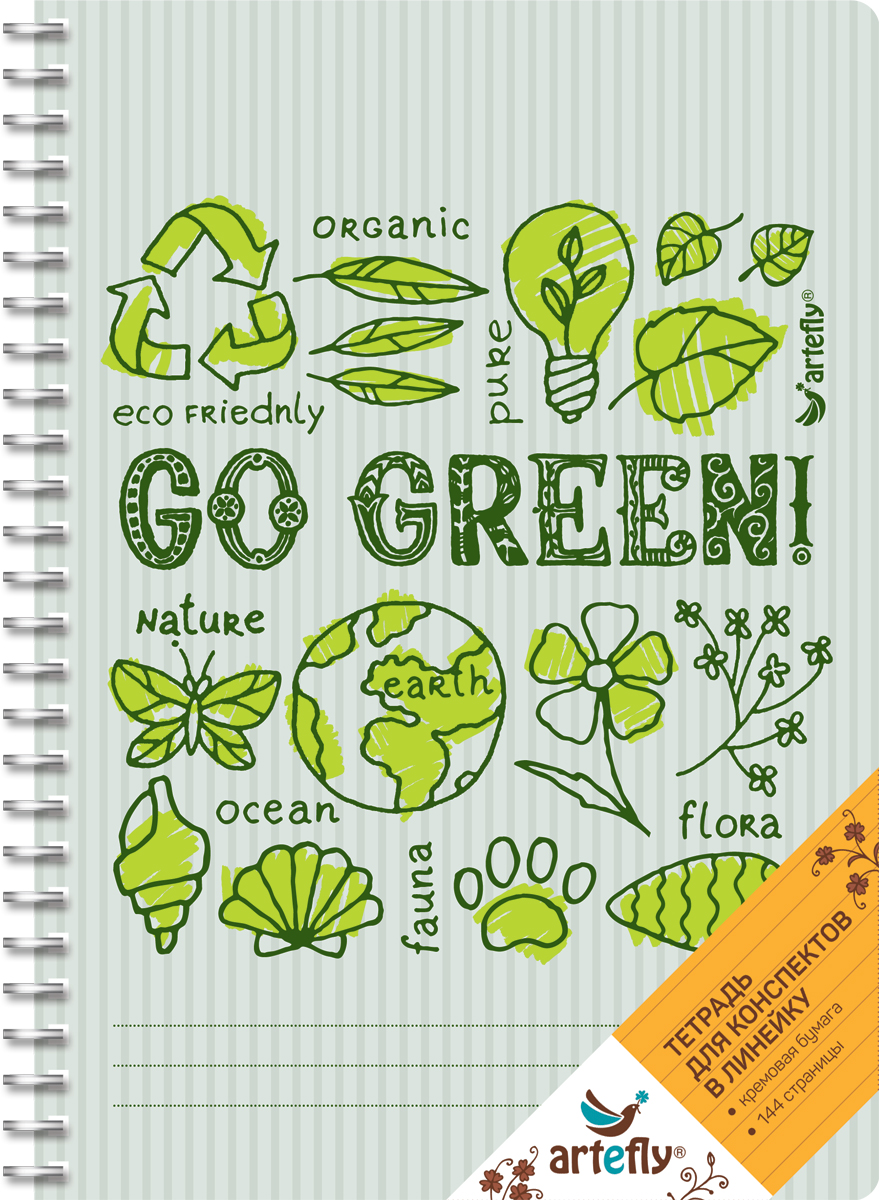 Artefly Тетрадь Go Green 72 листа в линейкуAFNB-GG-GR Artefly Тетрадь Go Green 72 листа в линейкуAFNB-GG-GRТетрадь Artefly Go Green предназначена для ведения записей. Ее удобно использовать для конспектов. Красивая и яркая обложка с закругленными углами раскрасит студенческие будни. Внутренний блок представлен 72 листами и скреплен спиралью. Приятная бумага кремового цвета в линейку никого не оставит равнодушным.
