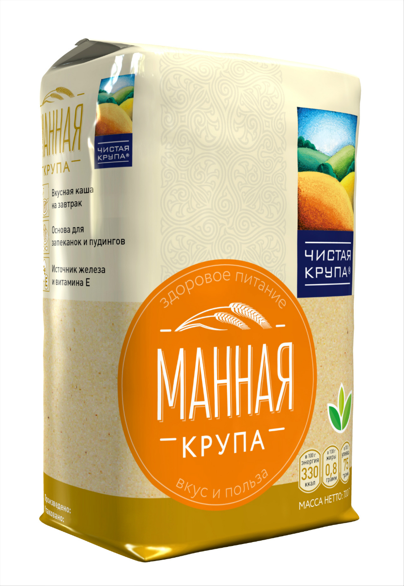 Чистая Крупа манная крупа, 700 г18493 Чистая Крупа манная крупа, 700 г18493Манная каша – отличный, полезный диетический продукт! Ее состав достаточно разнообразен, она содержит белок, витамины группы В (В1, В2), РР, минеральные вещества. Манная крупа почти не содержит клетчатки и на две трети состоит из крахмала, благодаря чему эта каша очень сытная и быстро готовится. Cплошная польза!