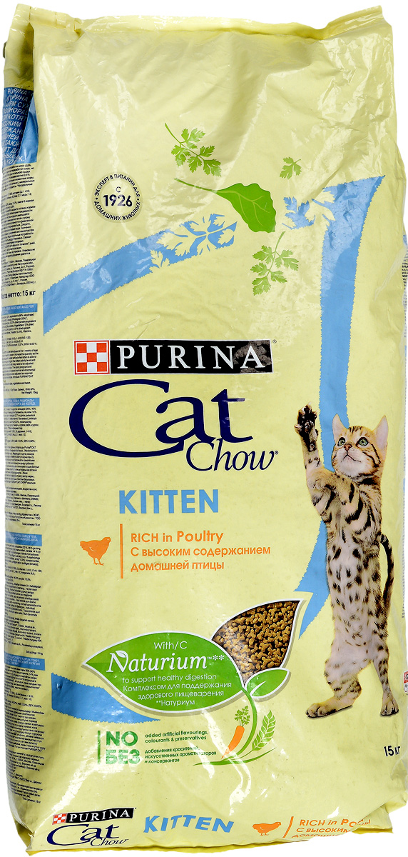 Корм сухой для котят Cat Chow Kitten, с курицей, 15 кг12118695 Корм сухой для котят Cat Chow Kitten, с курицей, 15 кг12118695Корм сухой Cat Chow Kitten - полнорационный корм для котят, с курицей. Подходит также для беременных и кормящих кошек. Сама природа вдохновляет компанию PURINA на разработку кормов, которые максимально отвечают потребностям ваших питомцев, с учетом их природных инстинктов. Имея более чем 80-ти летний опыт в области питания животных, PURINA создала новый корм Cat Chow - полностью сбалансированный корм, который не только доставит удовольствие вашей кошке, но и будет полезным для ее здоровья. Особенности корма Cat Chow Kitten: Высокое содержание мяса, с источниками высококачественного белка в каждой порции для поддержания оптимальной массы тела. Особое сочетание натуральных ингредиентов: тщательно отобранные травы и овощи (петрушка, шпинат, морковь, горох). Отборные ингредиенты придают особый аромат. Высокое содержание витамина Е для поддержания естественной защиты организма питомца. Содержит DHA, которая помогает...