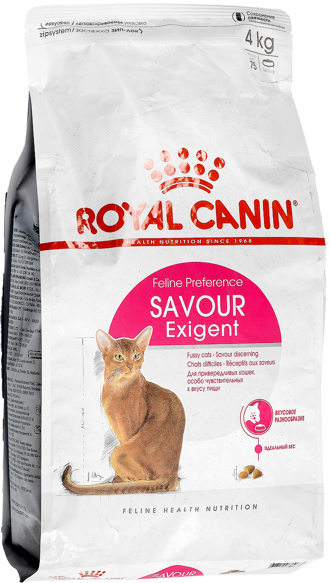 Корм сухой Royal Canin Exigent 35/30 Savoir Sensation, для кошек, привередливых к вкусу продукта, 4 кг60597 Корм сухой Royal Canin Exigent 35/30 Savoir Sensation, для кошек, привередливых к вкусу продукта, 4 кг60597Сухой корм Royal Canin Exigent 35/30 Savoir Sensation является полнорационным сбалансированным кормом для очень привередливых к вкусу продукта взрослых кошек в возрасте старше 1 года. Наличие индивидуальных пищевых предпочтений означает, что каждая кошка по-своему интерпретирует аромат, текстуру, вкус корма и ощущения после его потребления. Корм, помимо вкусовых качеств, обладает также рядом других оригинальных, специфических свойств. Особенности корма Royal Canin Exigent. Savor Sensation: - корм содержит два типа крокетов, различных по форме, текстуре и составу, обладающих взаимодополняющими свойствами; - особая рецептура корма обладает умеренной калорийностью, что помогает поддерживать идеальный вес кошки; - комплекс входящих в состав корма активных питательных веществ, включающий биотин и масло огуречника аптечного, способствует красоте шерсти кошки. Royal Canin - лидер на рынке производства рационов для собак и кошек, ...
