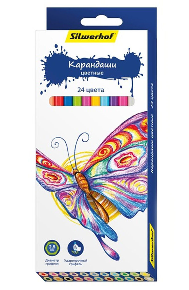 Silwerhof Карандаши цветные Бабочки 24 цвета134196-24 Silwerhof Карандаши цветные Бабочки 24 цвета134196-24Цветные карандаши Silwerhof Бабочки с шестигранным корпусом изготовлены из натурального дерева. Такой набор поможет отлично развить мелкую моторику рук, цветовое восприятие, фантазию и воображение. Диаметр грифеля 2,8 мм. Карандаши поставляются заточенными. В наборе 24 карандаша ярких, насыщенных цветов.