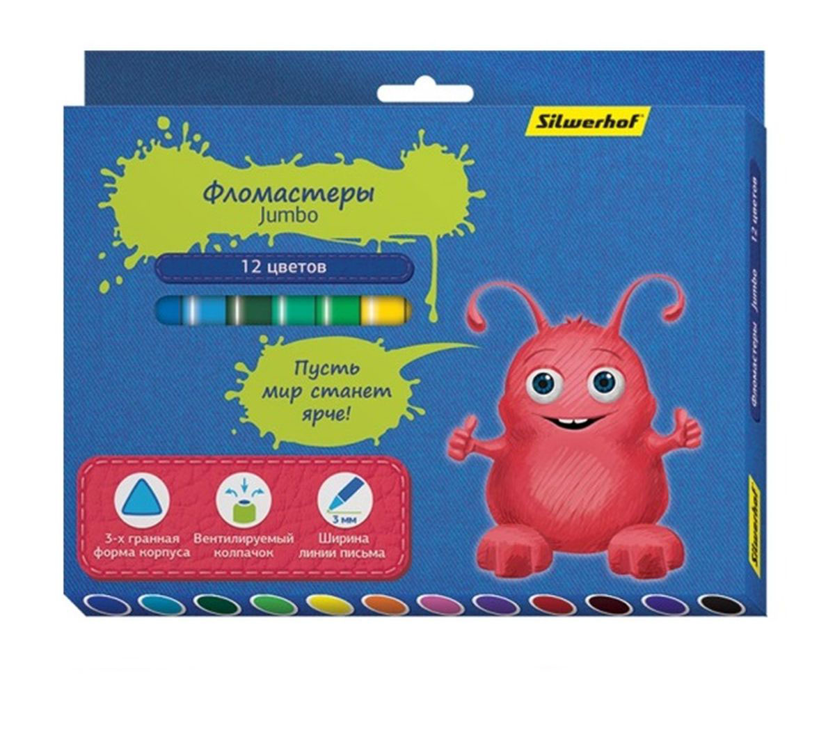 Silwerhof Фломастеры Jumbo Джинсовая коллекция 12 цветов867206-12 Silwerhof Фломастеры Jumbo Джинсовая коллекция 12 цветов867206-12Фломастеры Silwerhof Jumbo. Джинсовая коллекция прекрасно подойдут для воплощения творческих мыслей и смелых фантазий на бумаге. Двенадцать ярких, насыщенных цветов оживят картинку и помогут создать настоящие шедевры. Если юный художник испачкает одежду или руки, чернила на водной основе с легкостью отстирываются и отмываются с помощью обычного мыла. Стержень фломастера спрятан в утолщенном трехгранном корпусе, цвет которого соответствует цвету чернил, и закрыт вентилируемым колпачком. Эргономичная форма удобна для крохотных пальчиков и обеспечивает правильное положение фломастера в руках. Изделия упакованы в красивую картонную коробку синего цвета, оформленную текстурой джинсовой ткани.