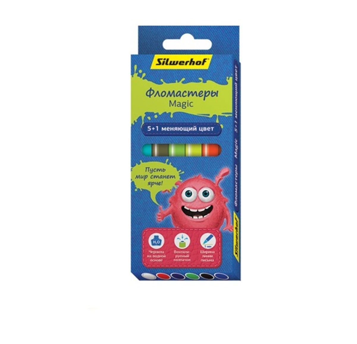 Silwerhof Фломастеры Magic Джинсовая коллекция 6 цветов867207-06 Silwerhof Фломастеры Magic Джинсовая коллекция 6 цветов867207-06Круглый корпус из полипропилена. Длина корпуса 137мм. Диаметр корпуса 10,5 мм. Венилируемый колпачек. Прочная торцевая заглушка. Безопасные чернила на водной основе. В состав набора входит специальный фломастер, меняющий цвета других фломастеров. Пишущий узел выдерживает сильное нажатие и сохраняет форму в течение длительного срока. Ширина линии письма 1мм. Упаковка: картонная коробка с европодвесом.