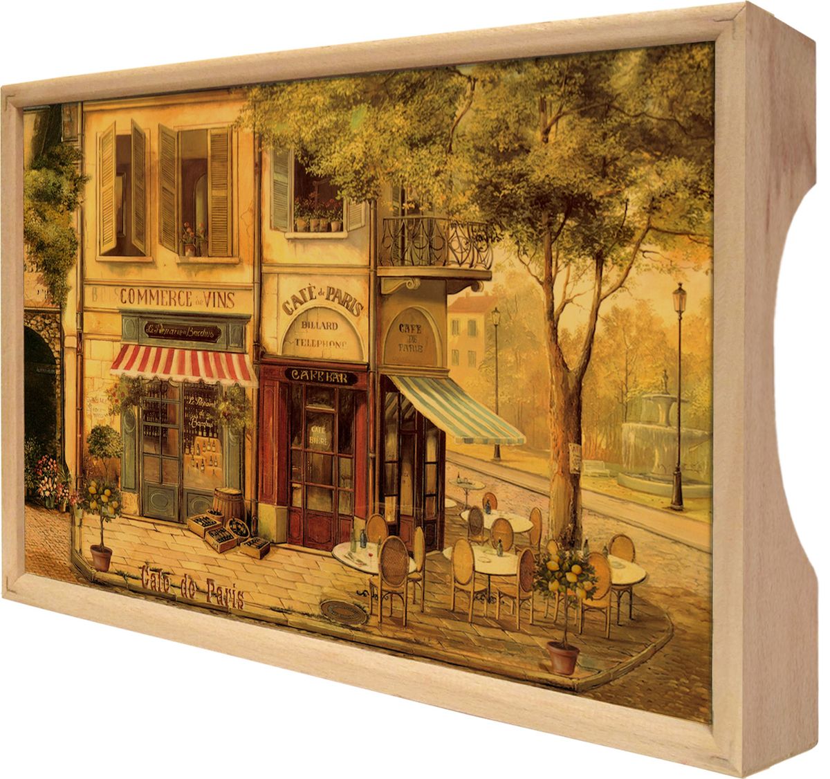 Поднос GiftnHome Парижское кафе, 25 х 37,5 смTR-Cafe Поднос GiftnHome Парижское кафе, 25 х 37,5 смTR-CafeПоднос GiftnHome Парижское кафе изготовлен из бука - благородной породы древесины. Это крепкий, экологичный и надежный материал, который идеально подходит для производства подносов. Изделие прекрасно перенесет длительную эксплуатацию и надолго сохранит свой шарм древесной структуры и природные качества. Поднос - это великолепное решение для подарка и истинный комплимент вашим любимым и близким людям. С ним вы с легкостью сможете подать кофе, завтрак в постель или вынести на веранду гостям закуски и фрукты. Помимо функциональной пользы, данное изделие изысканно дополнит интерьер помещения и внесет уют в домашнее пространство. Нанесенные на поднос дизайнерские принты от Креативной Студии АнтониоК делают изделие уникальным.