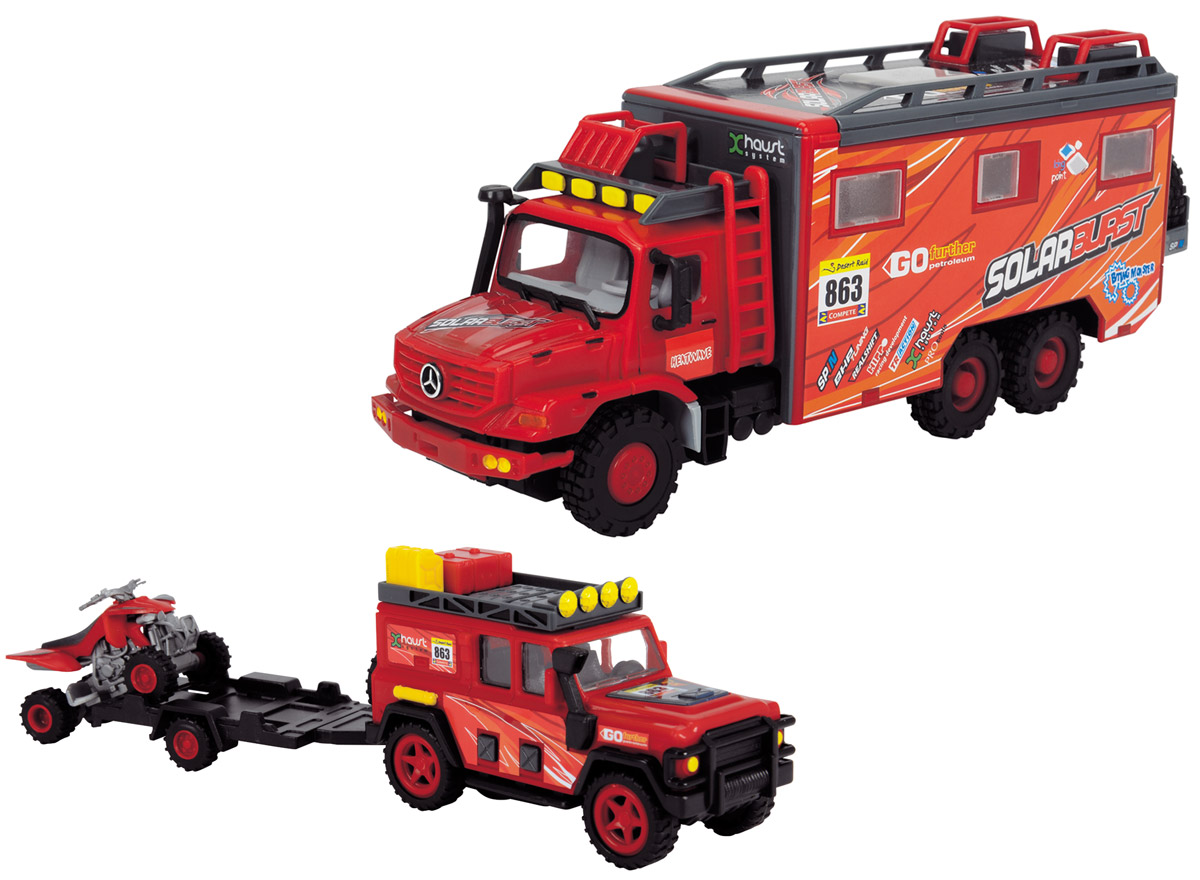 Dickie Toys Набор машинок Исследовательские автомобили цвет красный 3 шт3314552_красный Dickie Toys Набор машинок Исследовательские автомобили цвет красный 3 шт3314552_красныйНабор машинок Исследовательские автомобили - это увлекательный набор, который непременно понравится вашему ребенку. Набор автомобилей представлен в масштабе 1/43. В комплект входит специальный грузовик с функциональной, открывающейся крышей, капотом и дверками. Кроме этого, в грузовике находится небольшая комната, предназначенная для подготовки и отдыха гонщиков. Также в наборе имеются мощный внедорожник с прицепом для гоночной модели квадроцикла. Грузовик и джип оборудованы фрикционным механизмом. Ваш ребенок с удовольствием будет играть с набором, придумывая различные истории.