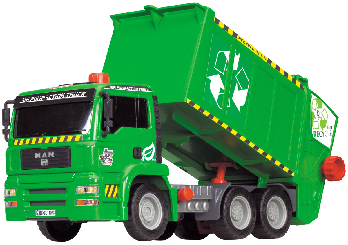 Dickie Toys Мусоровоз MAN с контейнером3805000 Dickie Toys Мусоровоз MAN с контейнером3805000Мусоровоз Dickie Toys MAN с подъемным механизмом кузова непременно понравится вашему ребенку. Игрушка выполнена из прочного пластика в виде мощного мусоровоза. Контейнер мусоровоза может подниматься и опускаться с помощью помпового насоса. Для подъема контейнера используется кнопка на крыше кабины. Для опускания контейнера служит рычажок, расположенный в основании кузова. К машине также прилагается мусорный контейнер, который прочно фиксируется к подъемнику и может опрокидываться в контейнер с помощью колесика. С этой игрушкой ваш малыш будет часами занят игрой. Порадуйте его таким замечательным подарком!