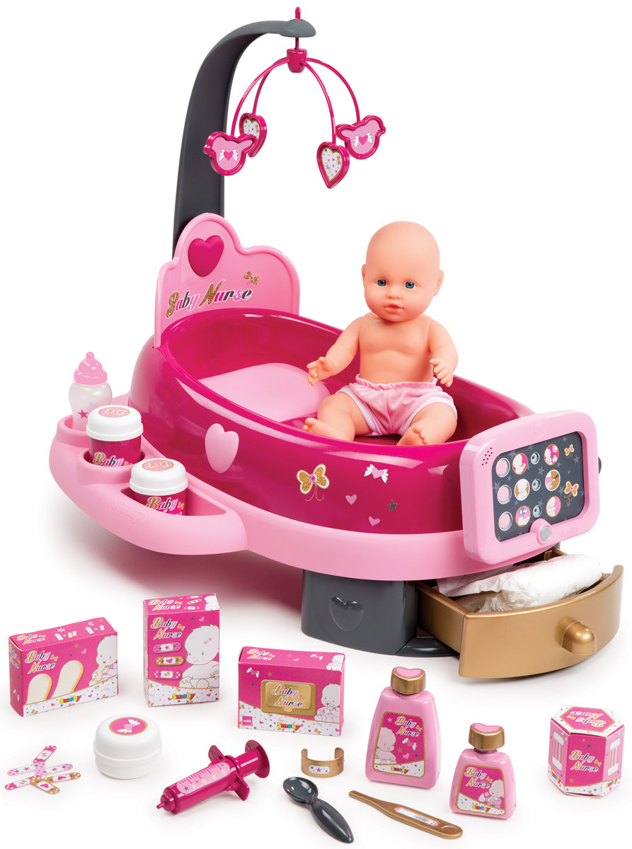 Smoby Игровой набор с куклой Электронная детская220317 Smoby Игровой набор с куклой Электронная детская220317Игровой набор с куклой Smoby Электронная детская обрадует любую девочку своей функциональностью и предоставленной возможностью ухаживать за пупсом, как за настоящим ребенком. Девочка сможет при помощи специальной электронной панели контролировать состояние игрушечного ребенка и, в зависимости от этого, выполнять нужные игровые действия. Надо только положить игрушечного пупса в кроватку. Помимо игрушки и кроватки, к набору прилагаются интересные аксессуары для ухода за пупсом. Девочка ощутит себя в роли самой настоящей любящей мамы, которая внимательно и бережно относится к своему ребенку. Играя в сюжетно-ролевые игры с использованием этого набора, ребенок приучится быть внимательным и заботливым, станет аккуратным и разовьет в себе представление о семейных ценностях. Набор выполнен из высококачественных и безопасных для ребенка материалов. Также он оснащен световыми и звуковыми эффектами, которые сделают игру еще интересней и увлекательней. Необходимо купить 2...