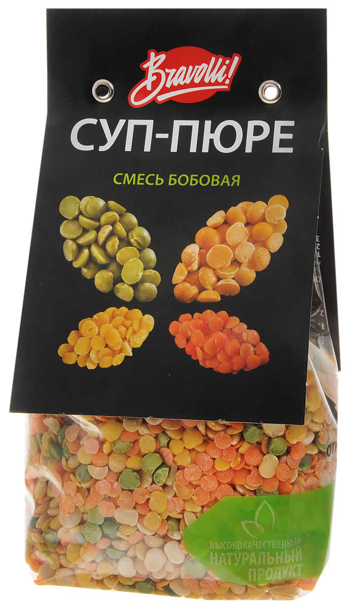 Bravolli Смесь бобовая суп-пюре, 350 гБР 108/6 Bravolli Смесь бобовая суп-пюре, 350 гБР 108/6Бобовая смесь от Bravolli - это отличная основа для приготовления густых и сытных супов-пюре, в которые не нужно добавлять бульон или мясо. Такой суп будет сам по себе сытным и питательным.