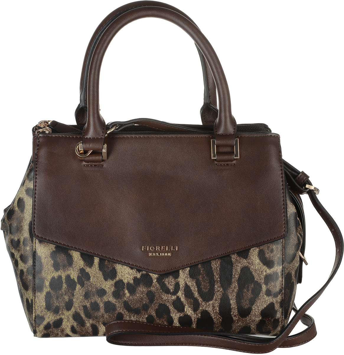 Сумка женская Fiorelli, цвет: темно-коричневый, песочный. 8500 FH8500 FH Leopard Сумка женская Fiorelli, цвет: темно-коричневый, песочный. 8500 FH8500 FH LeopardСтильная сумка Fiorelli выполнена из высококачественной искусственной кожи и оформлена металлической пластинкой с названием бренда. Тыльная сторона оформлена металлической пластинкой с логотипом бренда. На лицевой стороне расположен накладной карман, закрывающийся клапаном на магнитную кнопку. Сумка оснащена удобными ручками и съемным плечевым ремнем, длина которого регулируется с помощью пряжки. Изделие имеет три отделения, которые закрываются на застежку-молнию. Внутри расположены два открытых накладных кармана и один вшитый карман на молнии.