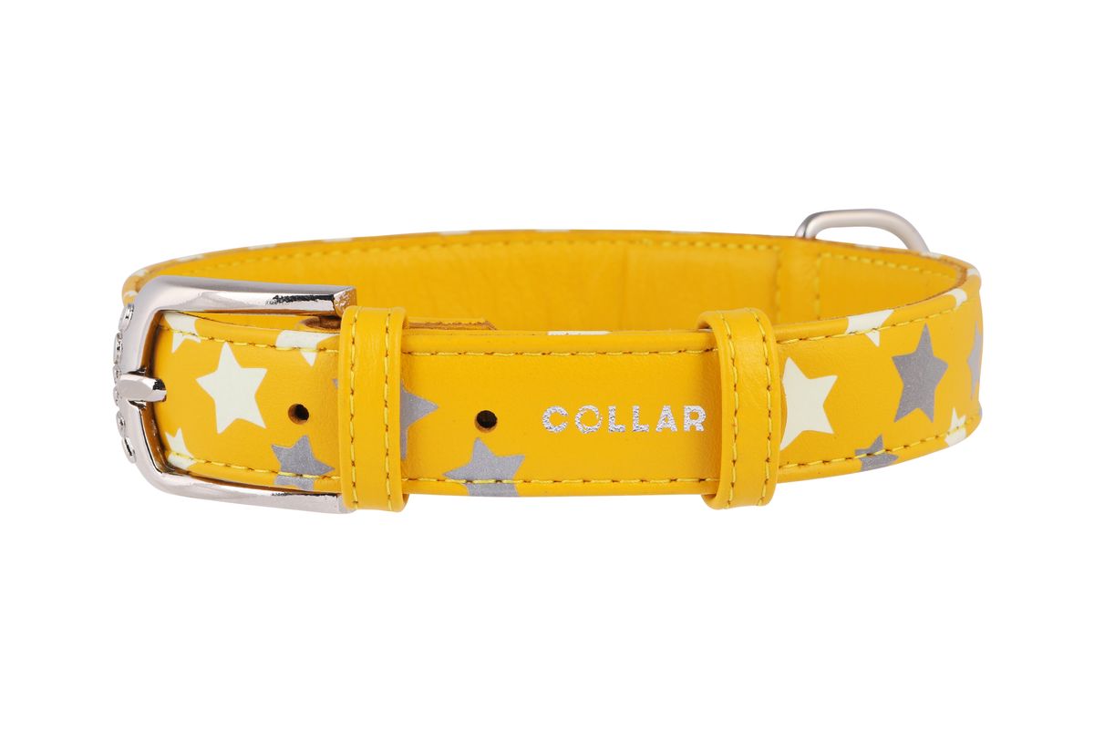 Ошейник CoLLaR Glamour Звездочка, цвет: желтый, ширина 20 мм, длина 30-39 см35868 Ошейник CoLLaR Glamour Звездочка, цвет: желтый, ширина 20 мм, длина 30-39 см35868Уникальный кожаный ошейник с рисунком «ЗВЕЗДОЧКА». Специальная технология печати по коже позволяет наносить на ошейник устойчивый к стиранию узор, обладающий одновременно светоотражающим и светонакопительным эффектом.