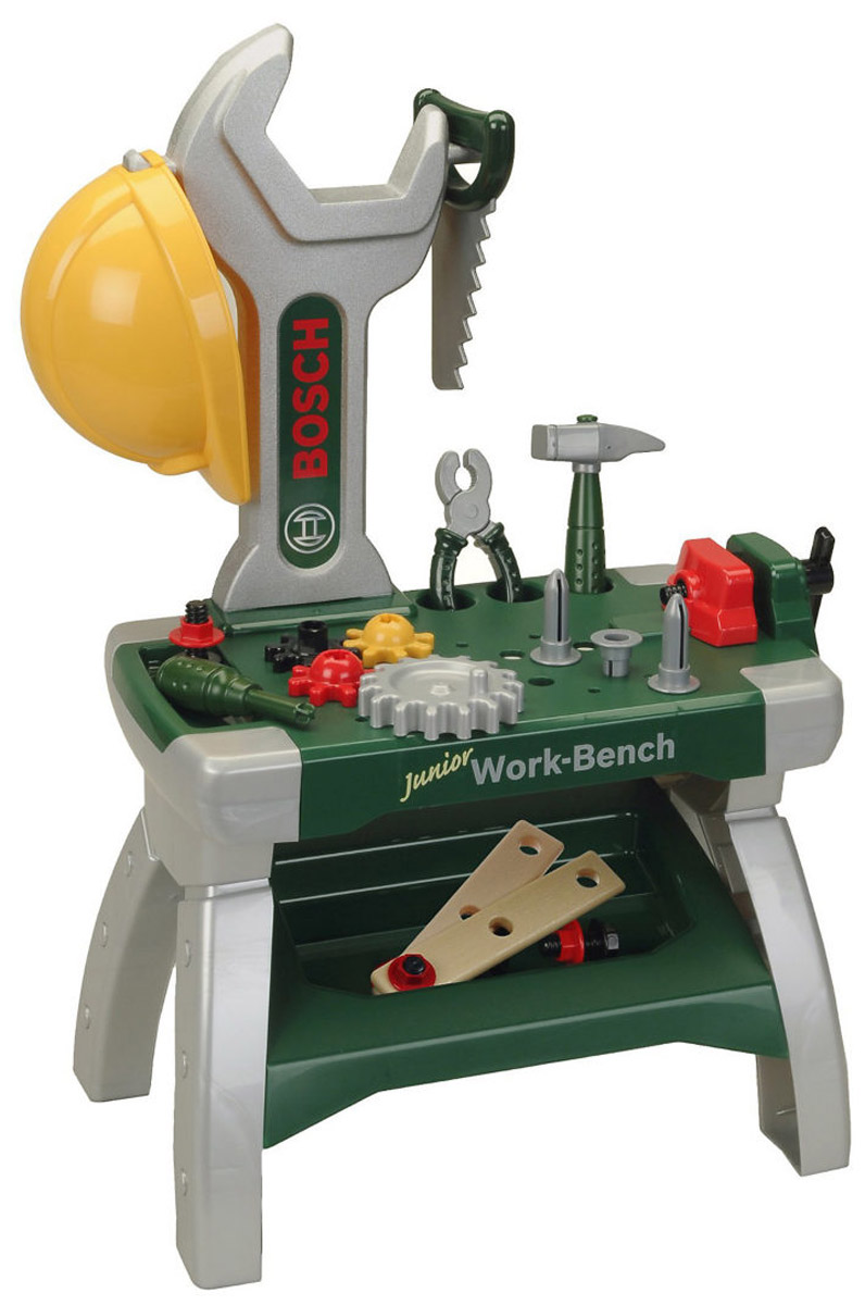 Klein Игрушечный верстак с инструментами Bosch Junior-Workbench8604 Klein Игрушечный верстак с инструментами Bosch Junior-Workbench8604Игрушечный верстак с инструментами Klein Bosch Junior-Workbench - отличное начало для детской мастерской. Здесь имеется все необходимое, чтобы проводить игрушечные ремонтные работы, а выглядят инструменты так правдоподобно, что их несложно перепутать с папиными. В комплекте с верстаком множество аксессуаров: 4 шестерни, 3 болта с гайками, 3 дюбеля, плоскогубцы, отвертка, молоток, пила, 2 планки с отверстиями для закрутки болтов и каска на голову, а еще здесь имеются тиски. Все элементы набора выполнены из безопасного для ребенка материала.