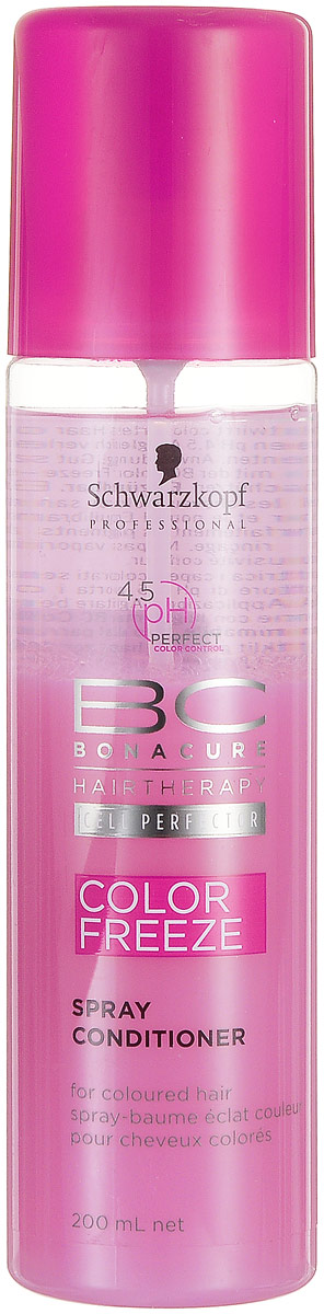 Bonacure Спрей-кондиционер для волос Сияние Цвета Color Freeze Spray-Conditioner 200 мл2065509 Bonacure Спрей-кондиционер для волос Сияние Цвета Color Freeze Spray-Conditioner 200 мл2065509Легкий двухфазный спрей - кондиционер укрепляет структуру волос и удерживает оптимальный уровень pH 4.5, закрывает и сжимает кутикулярный слой и сводит потерю цвета к 0. Улучшает расчесывание и придает бриллиантовое сияние. Для окрашенных волос. Рекомендуется использовать в комплексе с шампунем BC Color Freeze.