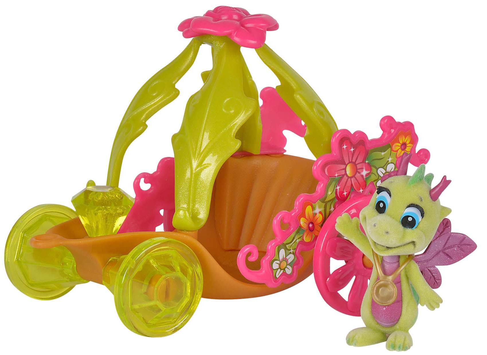 Simba Игровой набор Карета дракончиков Safiras цвет салатовый розовый5952180_салатовый Simba Игровой набор Карета дракончиков Safiras цвет салатовый розовый5952180_салатовыйИгровой набор Simba Карета дракончиков Safiras представлен флоковой фигуркой обаятельного дракончика с милой улыбкой и выразительными глазами и его карнавальной каретой, в которой он отправится на праздник. У дракончика за спиной очаровательные крылышки, а на хвосте маленькая кисточка. Карета выполнена в ярких цветах и богато украшена различными декоративными элементами. Все детали у фигурок выполнены из качественных материалов. Придумывая интересные сюжеты с набором, ваш малыш раскроет свою фантазию и воображение, а так же потренирует мелкую моторику рук.