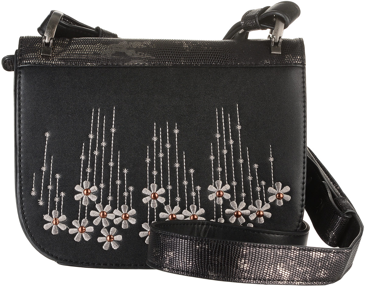 Сумка женская David Jones, цвет: черный. СМ3263СМ3263 BLACK Сумка женская David Jones, цвет: черный. СМ3263СМ3263 BLACKСтильная женская сумка David Jones выполнена из экокожи. Изделие имеет одно отделение, которое закрывается на застежку-молнию и дополнительно на клапан с магнитной кнопкой. Внутри сумки находятся накладной открытый карман и прорезной карман на застежке-молнии. Снаружи, на задней стенке расположен прорезной карман на застежке-молнии. Клапан оформлен вышивкой. Сумка оснащена регулируемым плечевым ремнем.