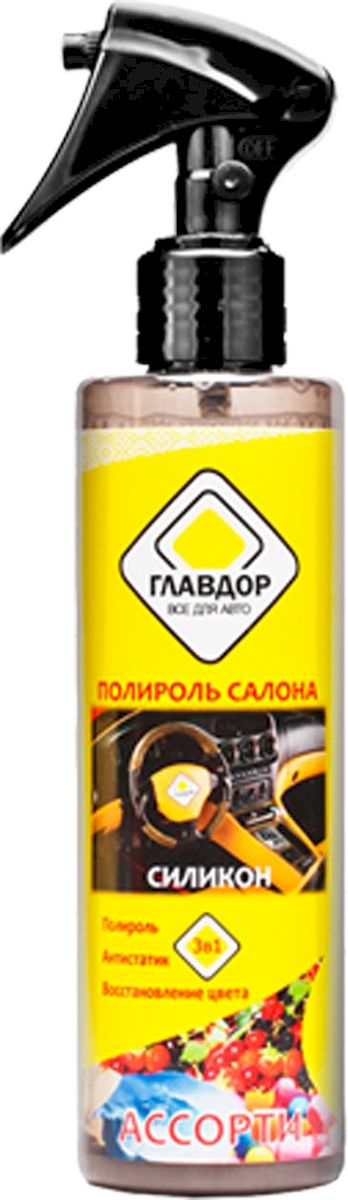 Полироль салона Главдор Тутти-фрутти, спрей, 250 млGL-335 Полироль салона Главдор Тутти-фрутти, спрей, 250 млGL-335Полироль салона Главдор Тутти-фрутти обладает свойствами антистатика, восстановления цвета. - Эффективно восстанавливает цвет, придает первоначальный блеск пластиковым и виниловым поверхностям. - Предотвращает старение и растрескивание. - Содержит антистатические компоненты, препятствующие оседанию пыли. - Восстанавливает свои свойства после замерзания.