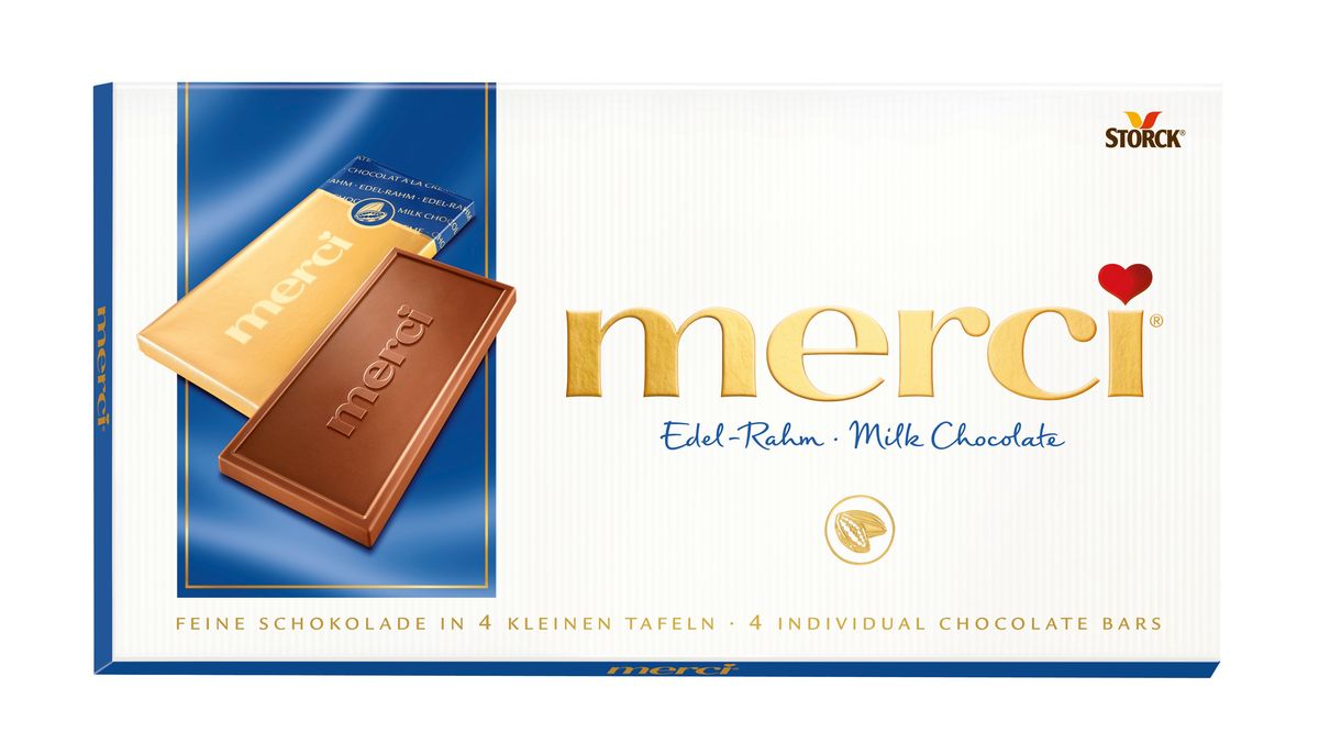 Merci Шоколад молочный, 100 г140002 Merci Шоколад молочный, 100 г140002Merci шоколадные плитки – это шоколад высочайшего немецкого качества. Оригинальная упаковка в виде конверта содержит четыре изящных индивидуально упакованных плиточки шоколада. Шоколадные плитки Merci представлены в шести вкусах: Молочный шоколад, Горький шоколад, Лесной орех и миндаль, Кофе и сливки, Ореховый крем, Марципан.