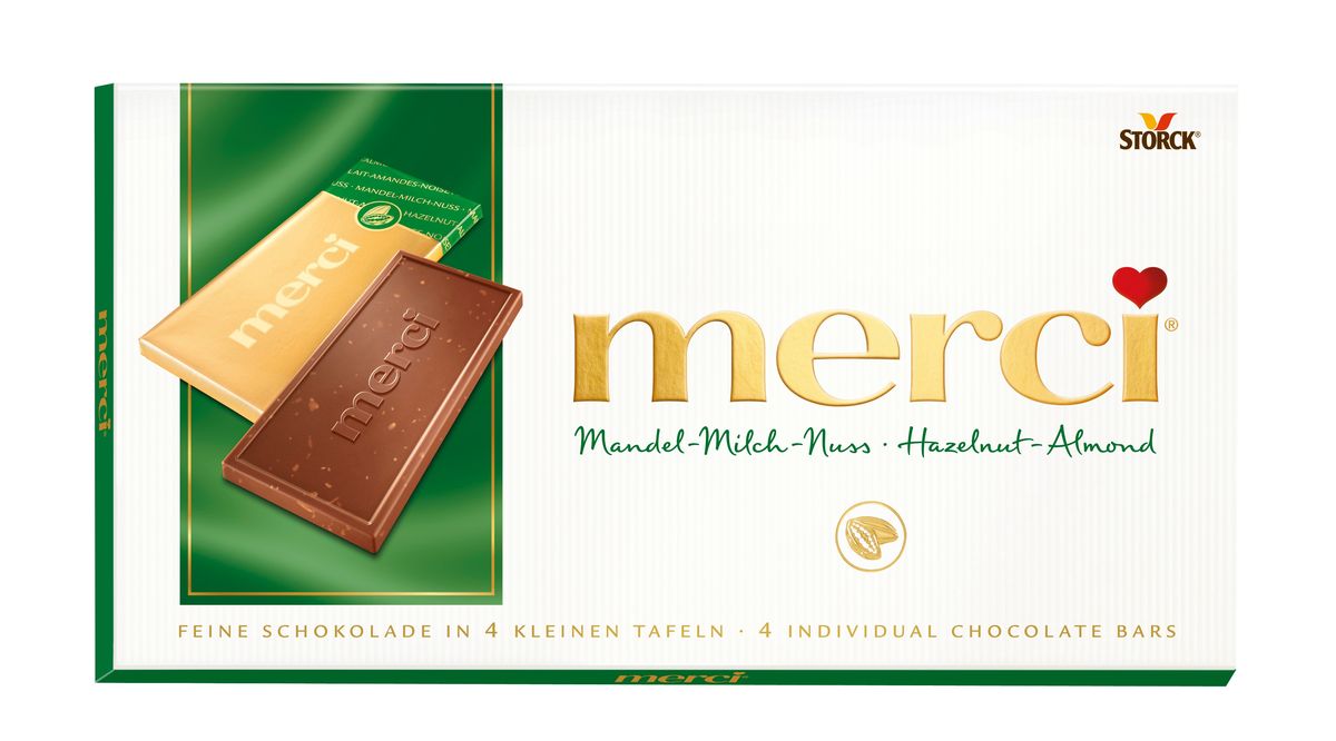 Merci Шоколад лесной орех и миндаль, 100 г140026 Merci Шоколад лесной орех и миндаль, 100 г140026Merci шоколадные плитки – это шоколад высочайшего немецкого качества. Оригинальная упаковка в виде конверта содержит четыре изящных индивидуально упакованных плиточки шоколада. Шоколадные плитки Merci представлены в шести вкусах: Молочный шоколад, Горький шоколад, Лесной орех и миндаль, Кофе и сливки, Ореховый крем, Марципан.