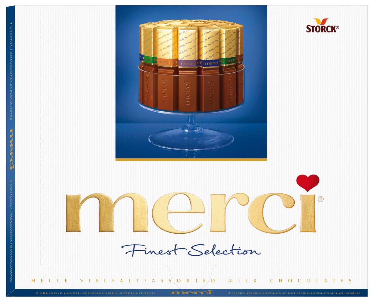 Merci Конфеты молочные Ассорти, 250 г015416 Merci Конфеты молочные Ассорти, 250 г015416Merci Finest Selection - это великолепное ассорти из уникальной коллекции изысканного шоколада, для производства которого используются ингредиенты высокого качества. Как еще выразить благодарность от всего сердца близкому вам человеку?